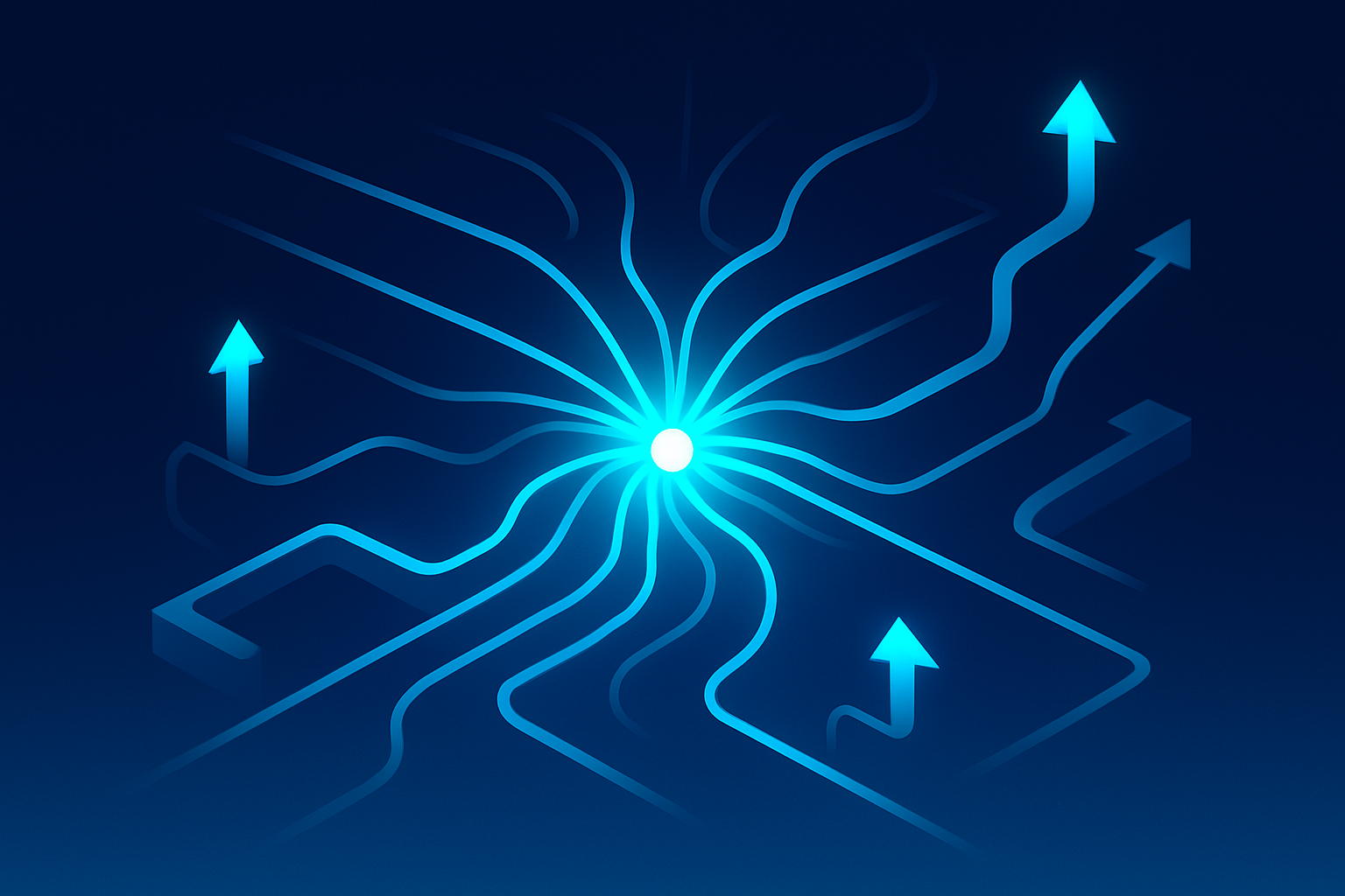 Abstract network of glowing cyan and blue lines converging at a central node with pipeline and arrow shapes.