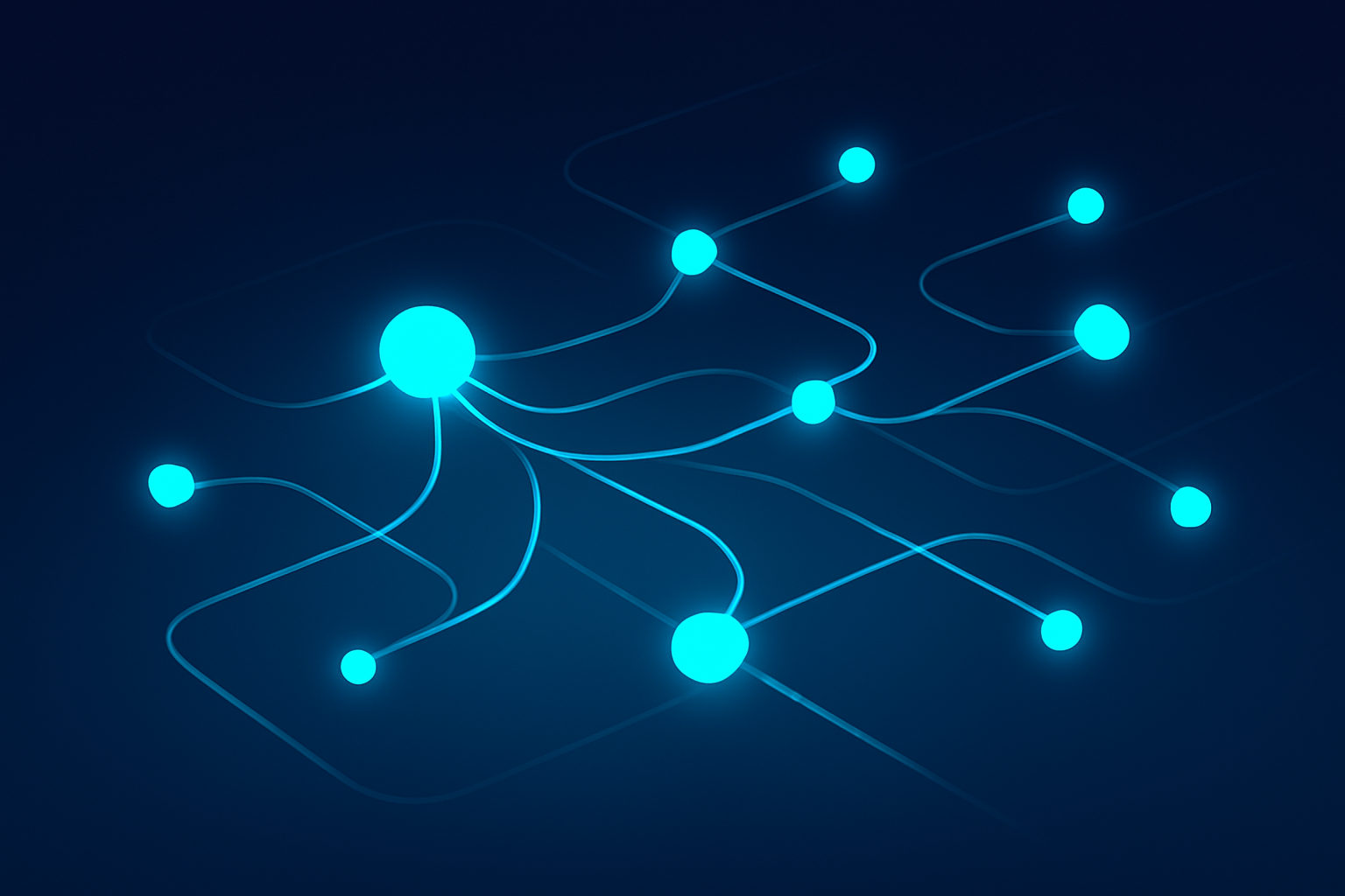 Abstract network of glowing cyan nodes and flowing lines on dark blue gradient background.
