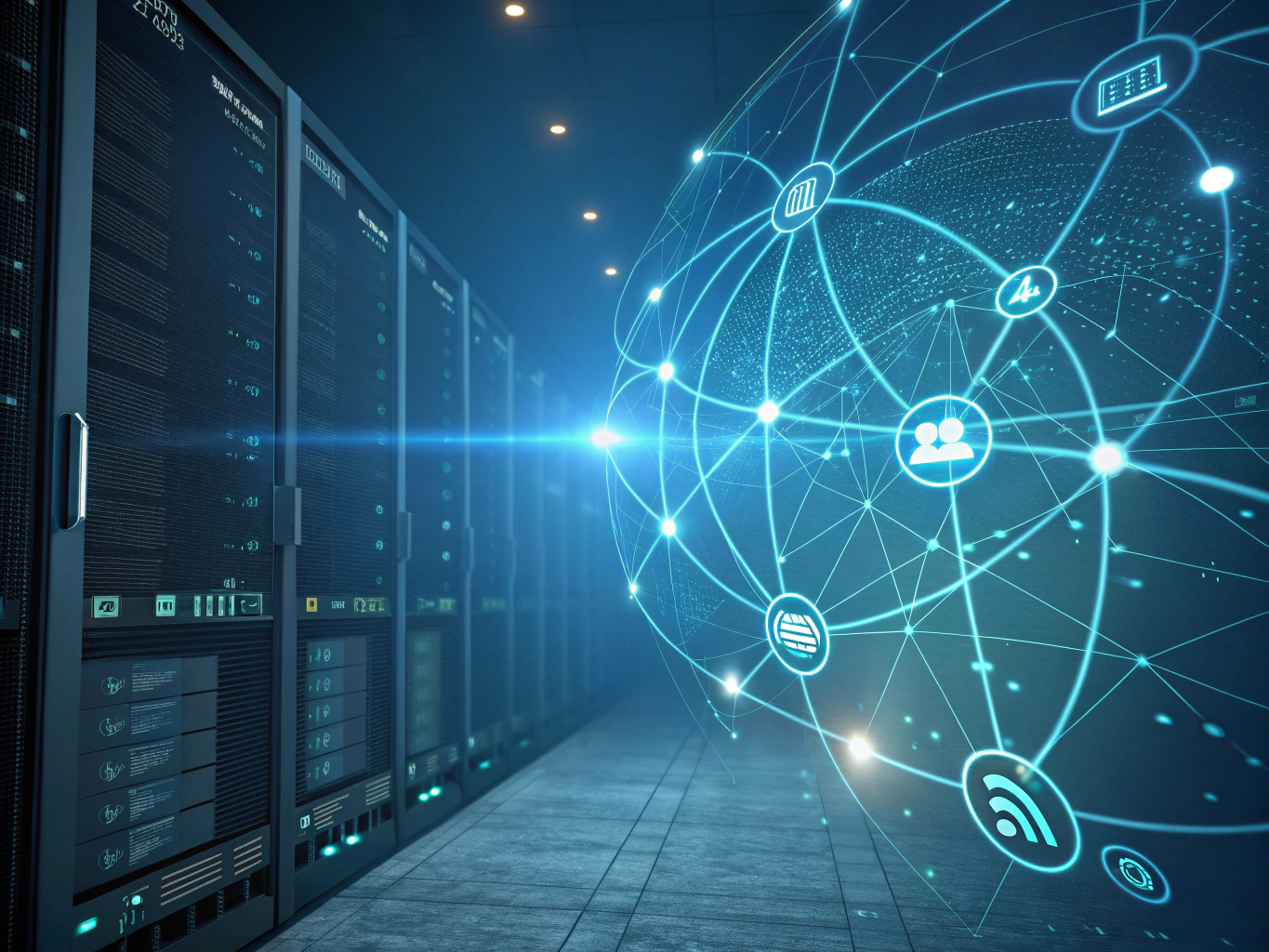 Abstract network of glowing nodes and data streams converging toward a luminous core.