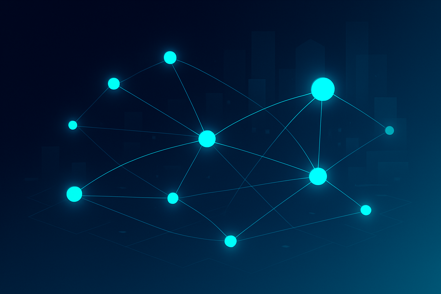 Abstract network of glowing nodes and flowing lines over dark blue digital cityscape background.