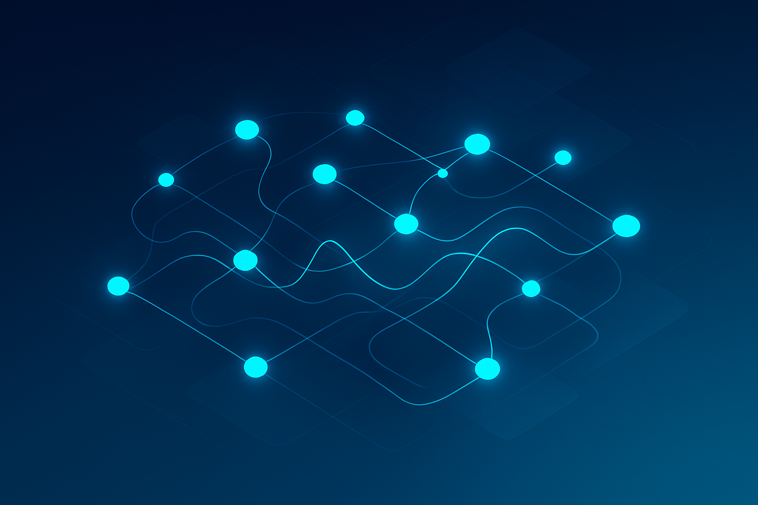 Abstract network of glowing nodes and flowing lines representing data patterns and analytics.