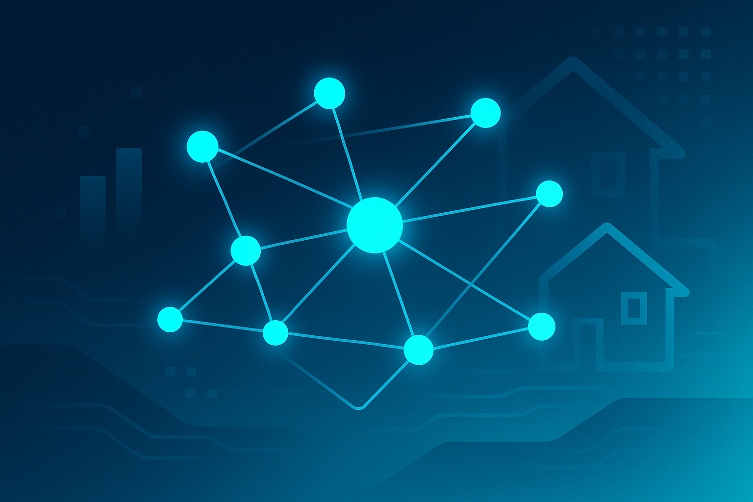 Abstract network of glowing nodes and lines with digital patterns and architectural silhouettes.