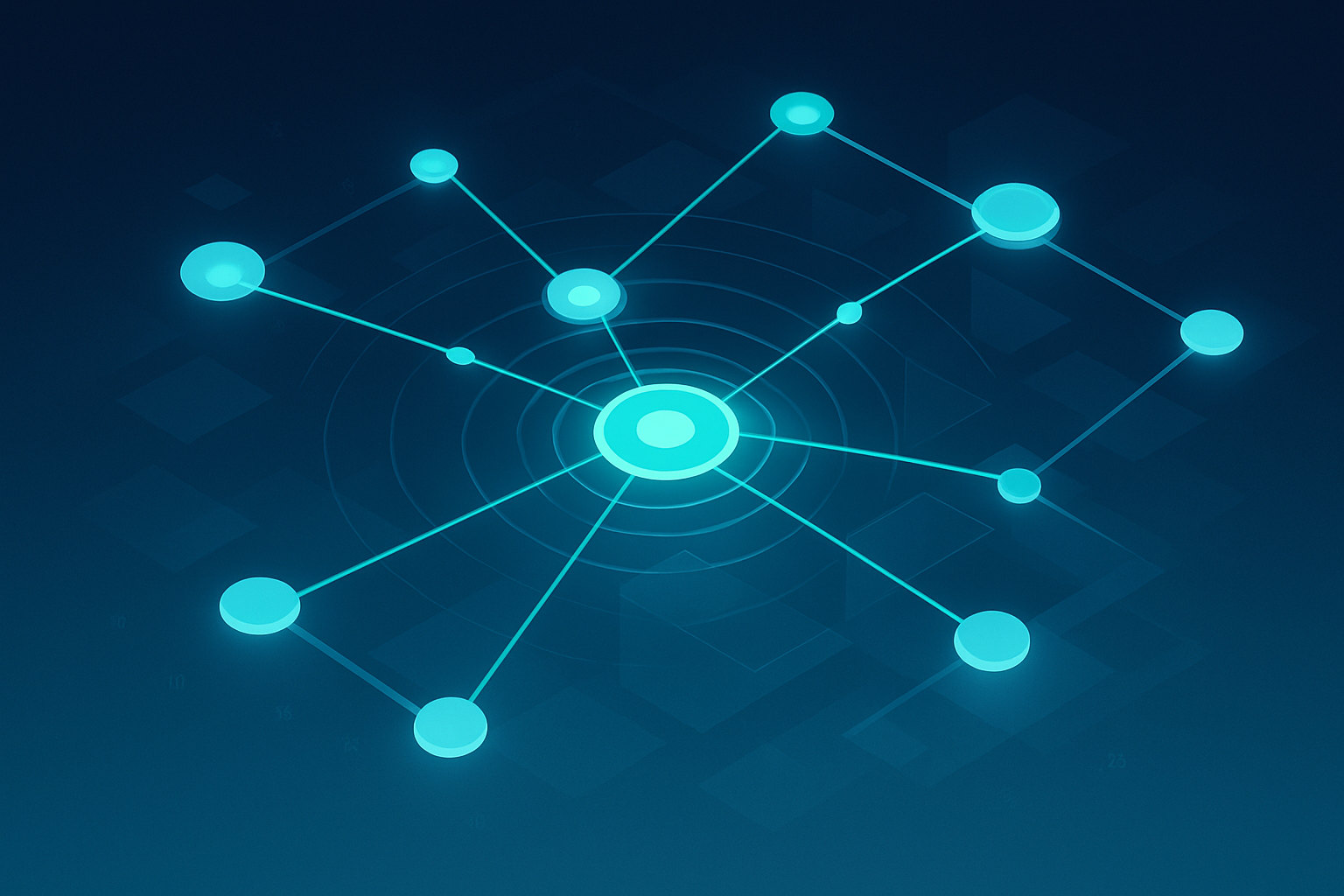 Abstract network with glowing cyan nodes, flowing lines, and geometric shapes on dark blue background.