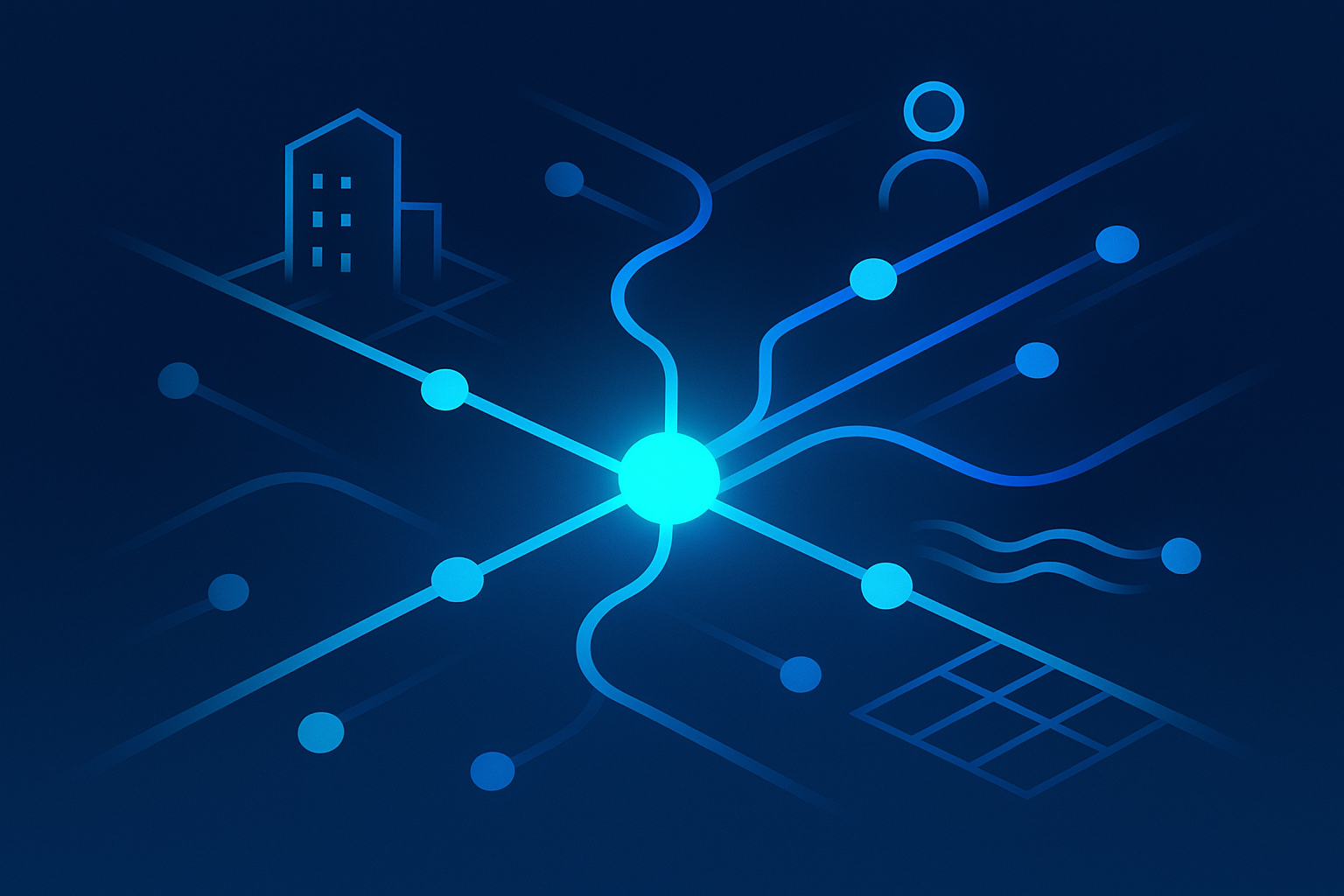 Abstract network with glowing nodes and data streams symbolizing AI-driven process automation.