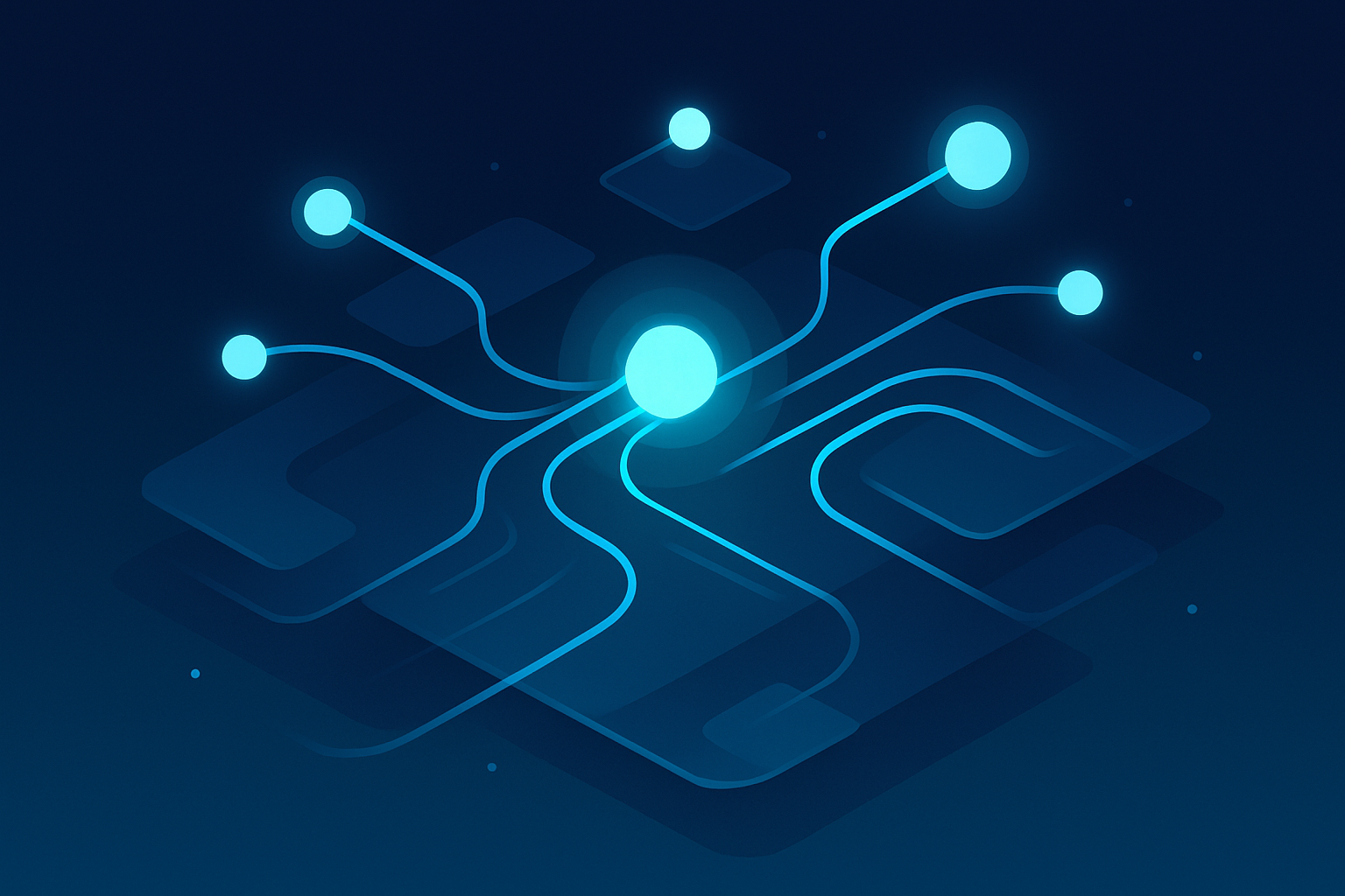 Abstract network with glowing nodes and data streams in neon blue and cyan on dark gradient background.