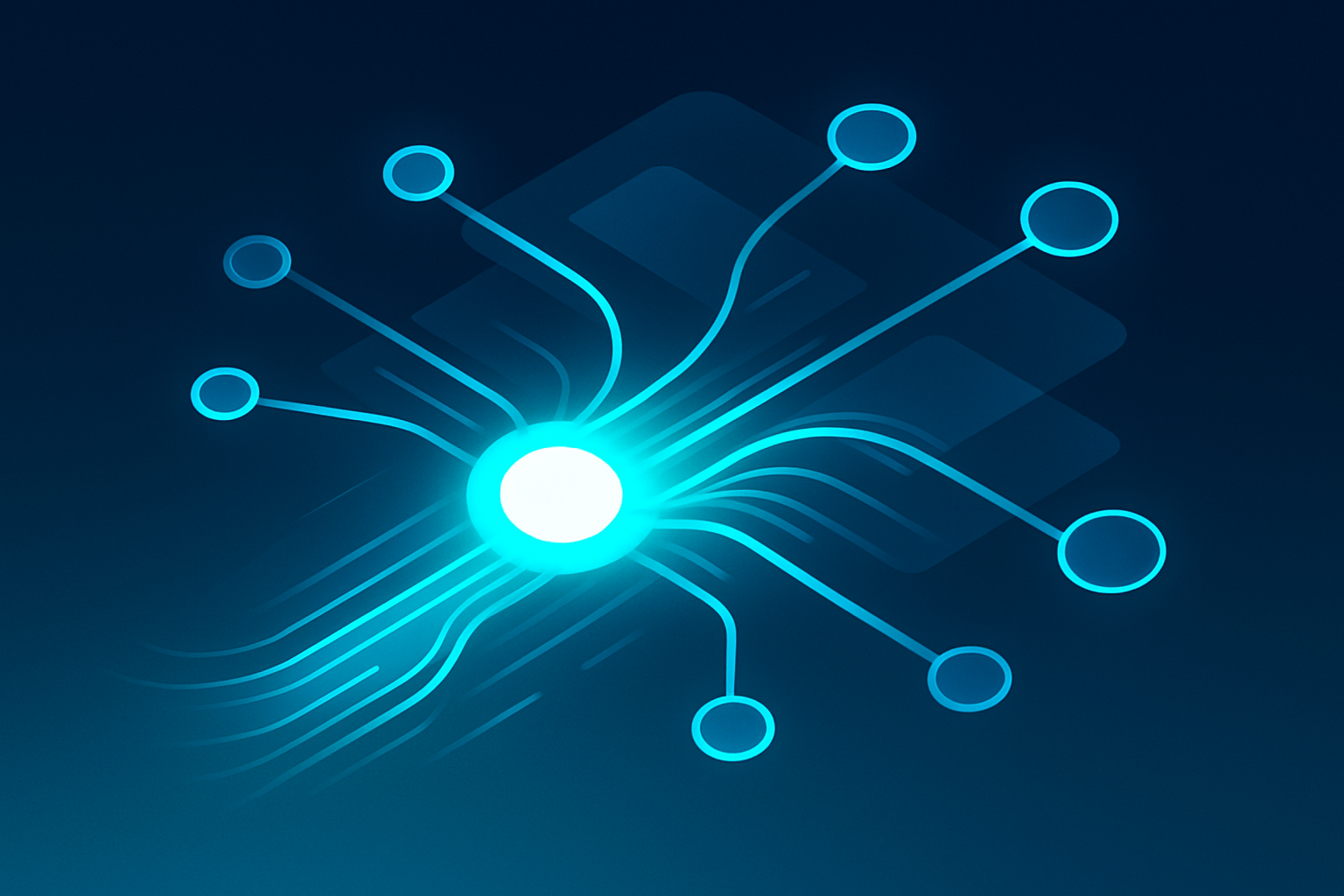 Abstract network with glowing nodes, data streams, and geometric shapes on dark blue background.
