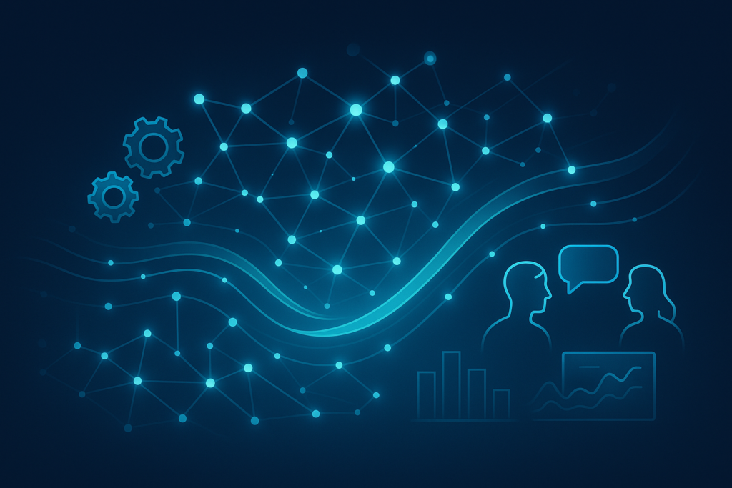 Abstract network with glowing nodes, data streams, gears, and digital graphs in cool blue tones.