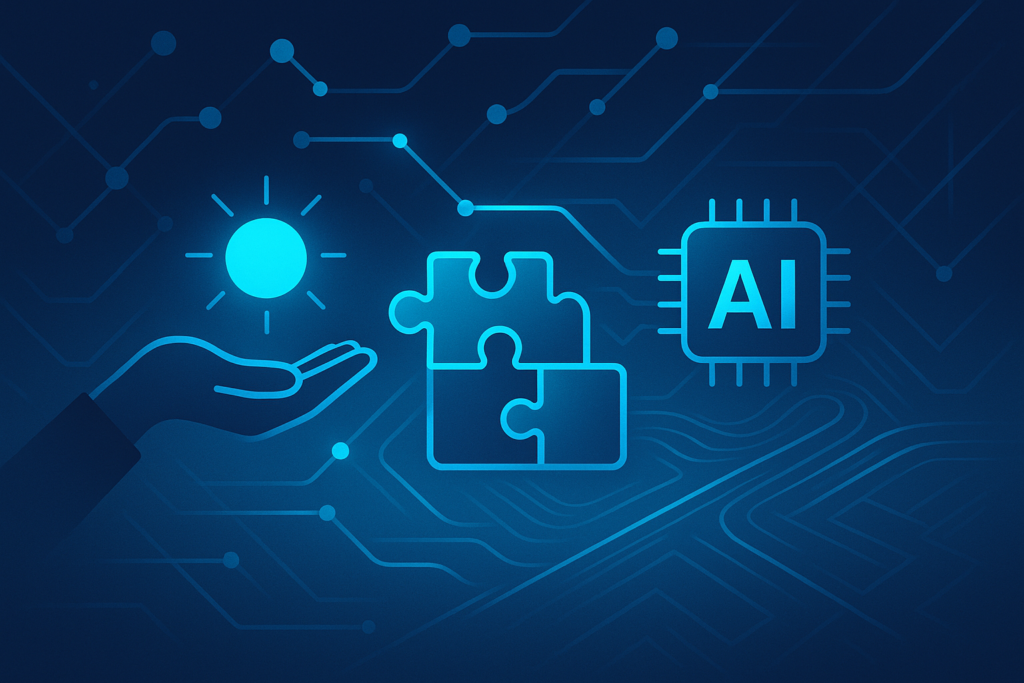 Abstract network with glowing nodes, data streams, open hands, puzzle pieces, and geometric pathways.