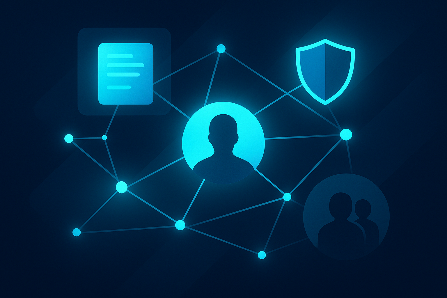 Abstract network with glowing nodes, geometric shapes, and icons representing legal, protection, and ownership.