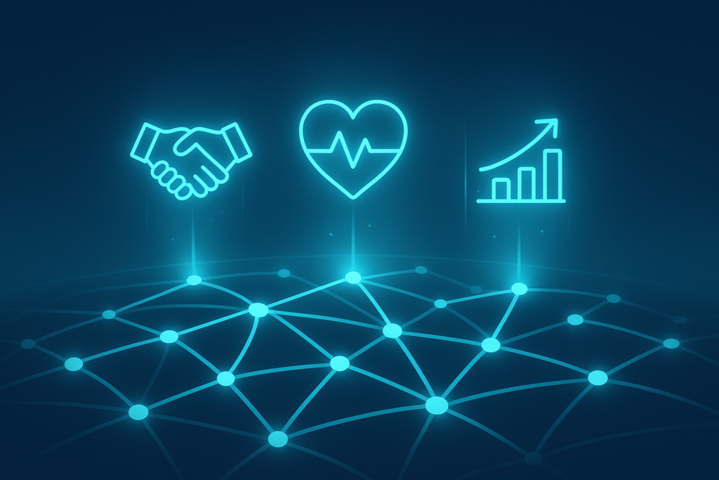 Abstract network with glowing threads, holographic icons of handshake, heart, and growth graphs.