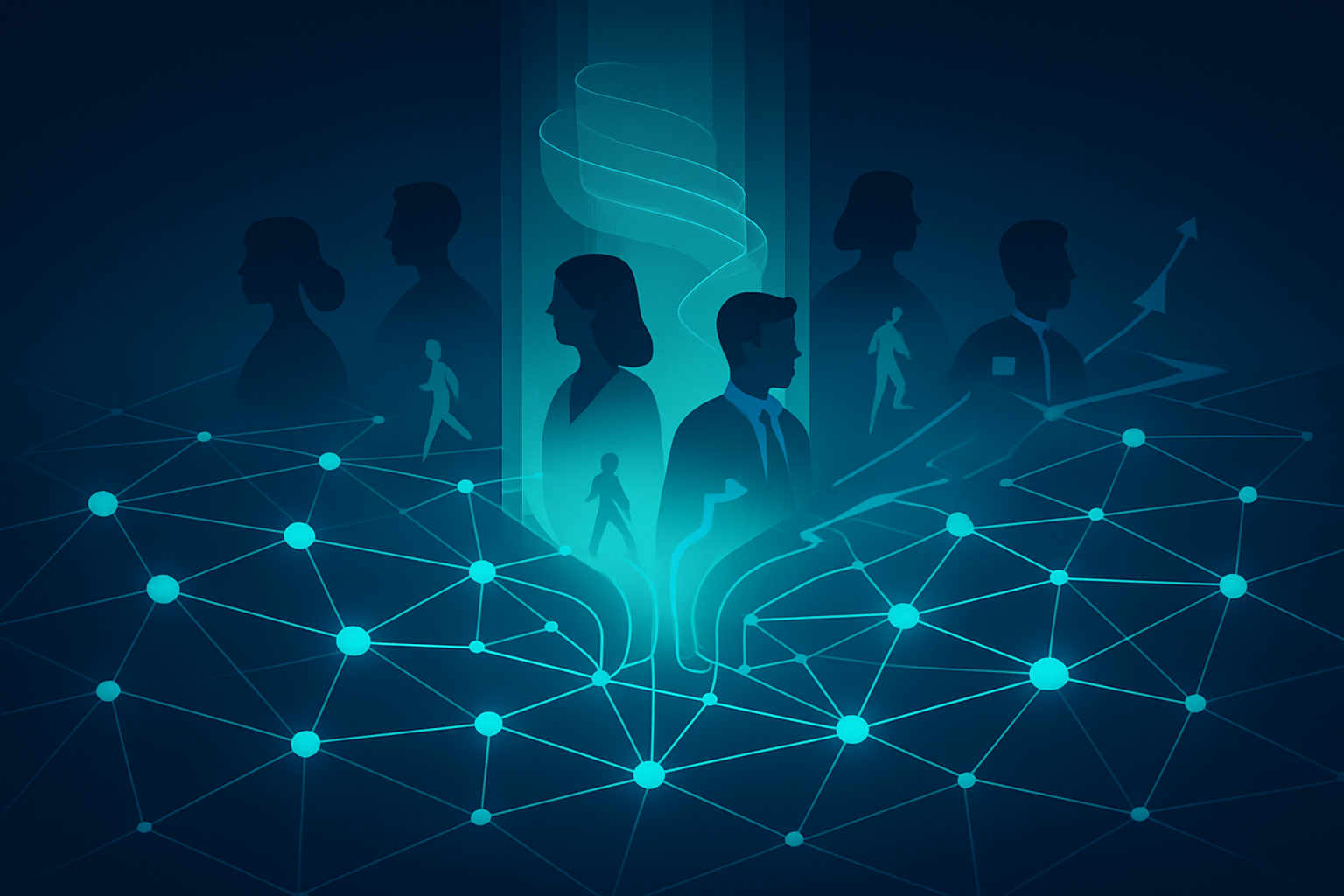 Abstract neural network with glowing cyan nodes, data streams, and diverse professional silhouettes.