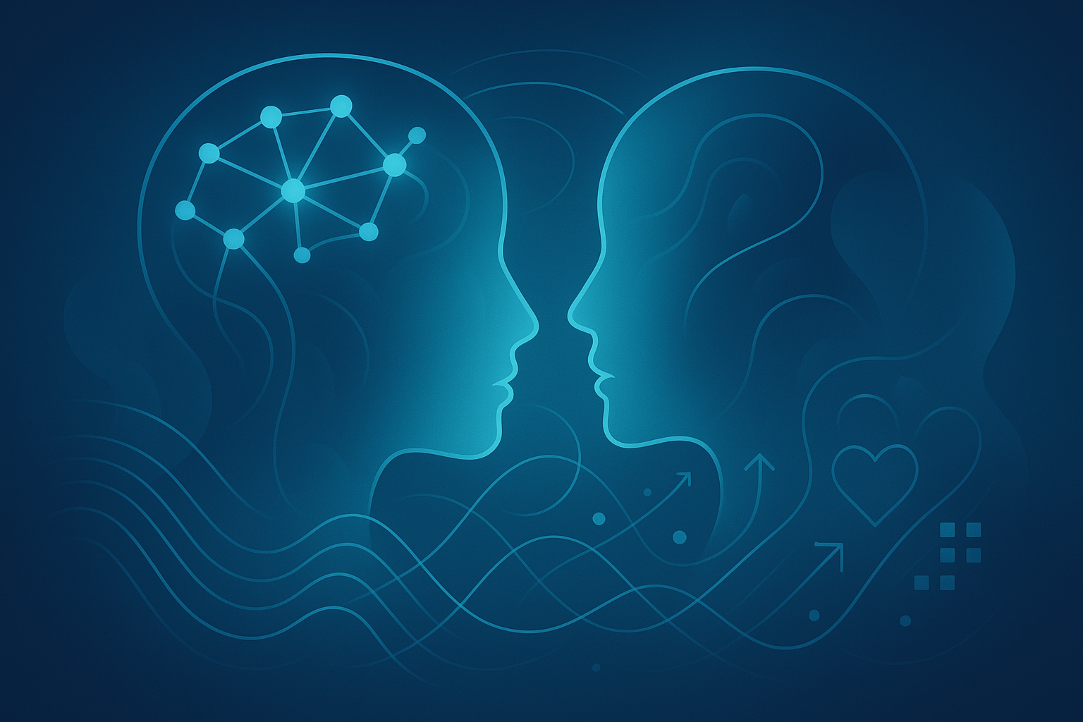 Abstract neural network with glowing cyan nodes, human profiles, and data streams on dark blue background.