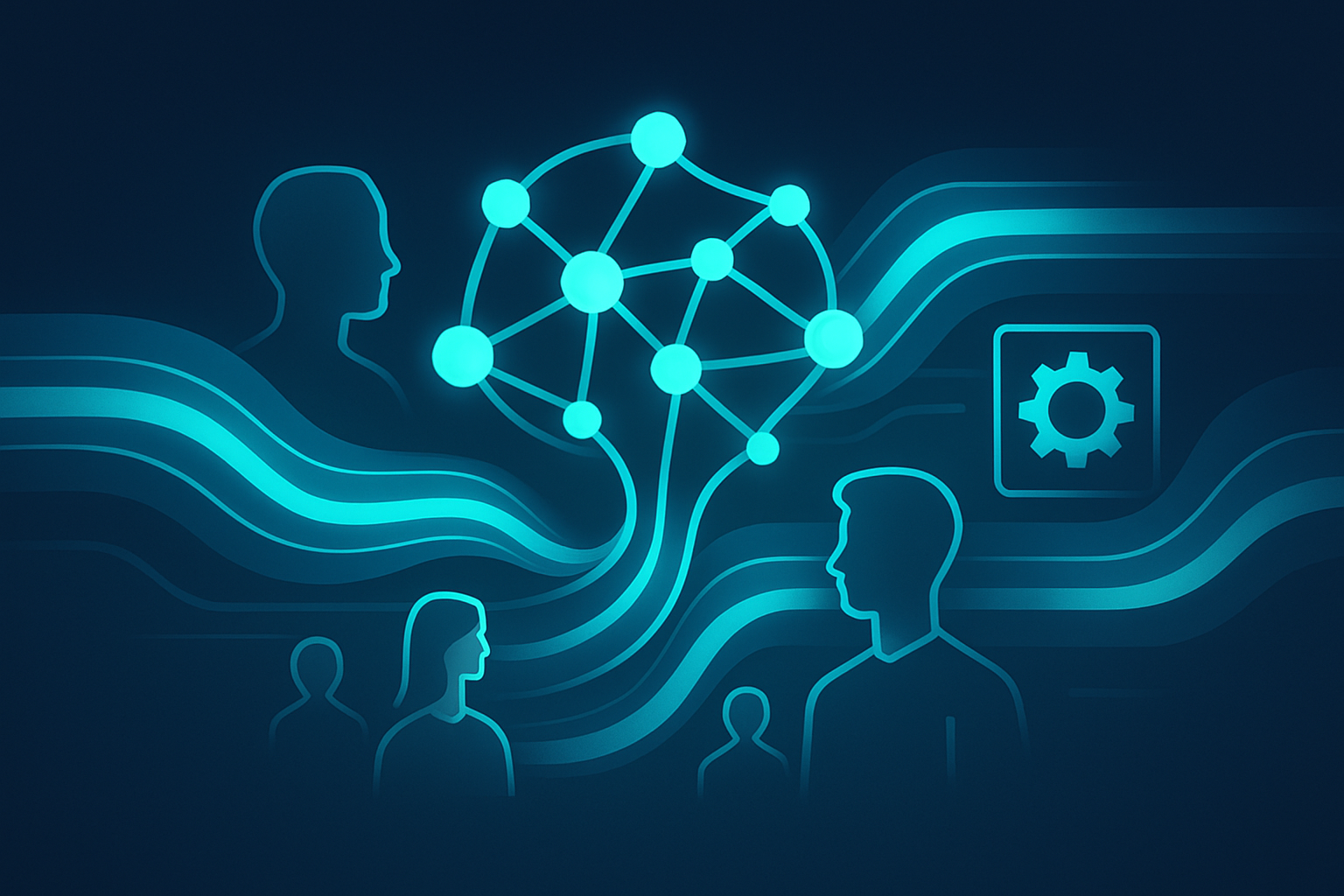 Abstract neural network with glowing data streams and human silhouettes in a futuristic digital ecosystem.