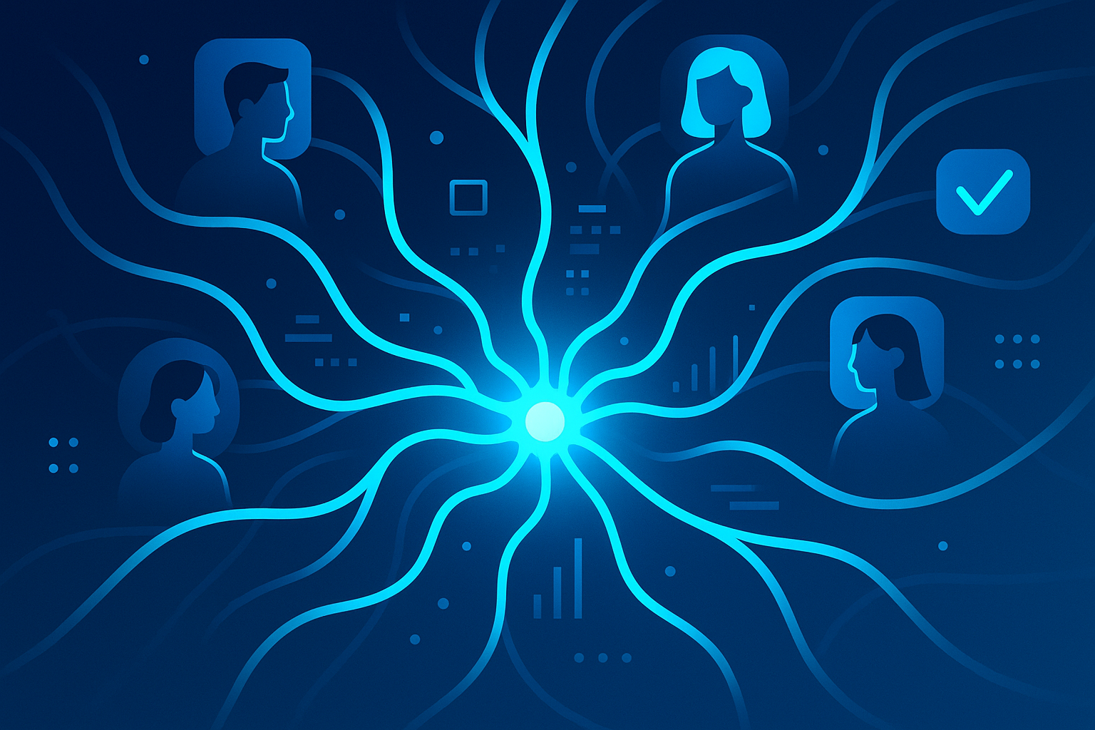 Abstract neural network with glowing pathways connecting human silhouettes over a dark gradient background.