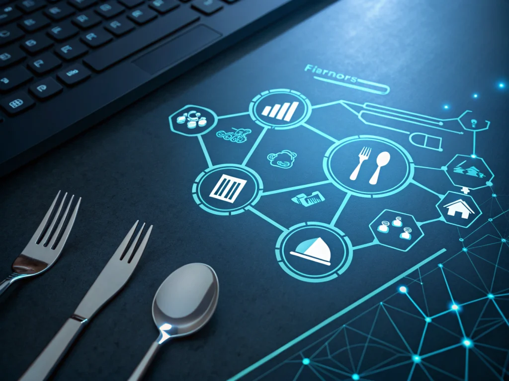 Abstract neural networks and hospitality icons illuminated with neon cyan on dark gradient background.
