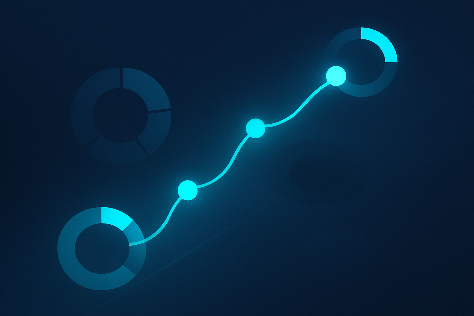 Abstract tech-inspired dark gradient with glowing nodes, flowing lines, and segmented circular graphs.