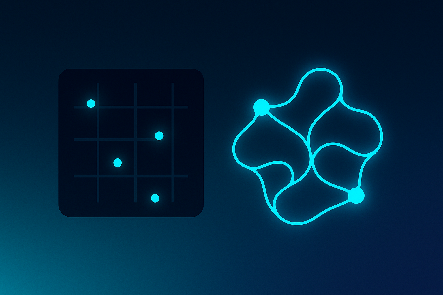 Contrast between rigid legacy grid and fluid AI web against dark blue gradient background.