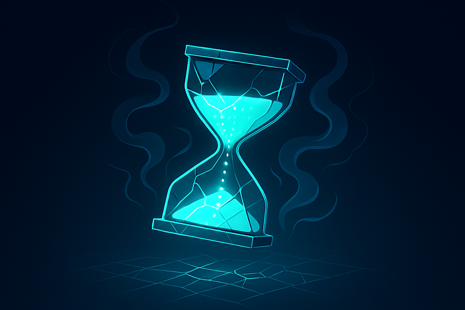 Digital hourglass with glowing cyan grains, fractured frame, and neon blue accents on dark background.
