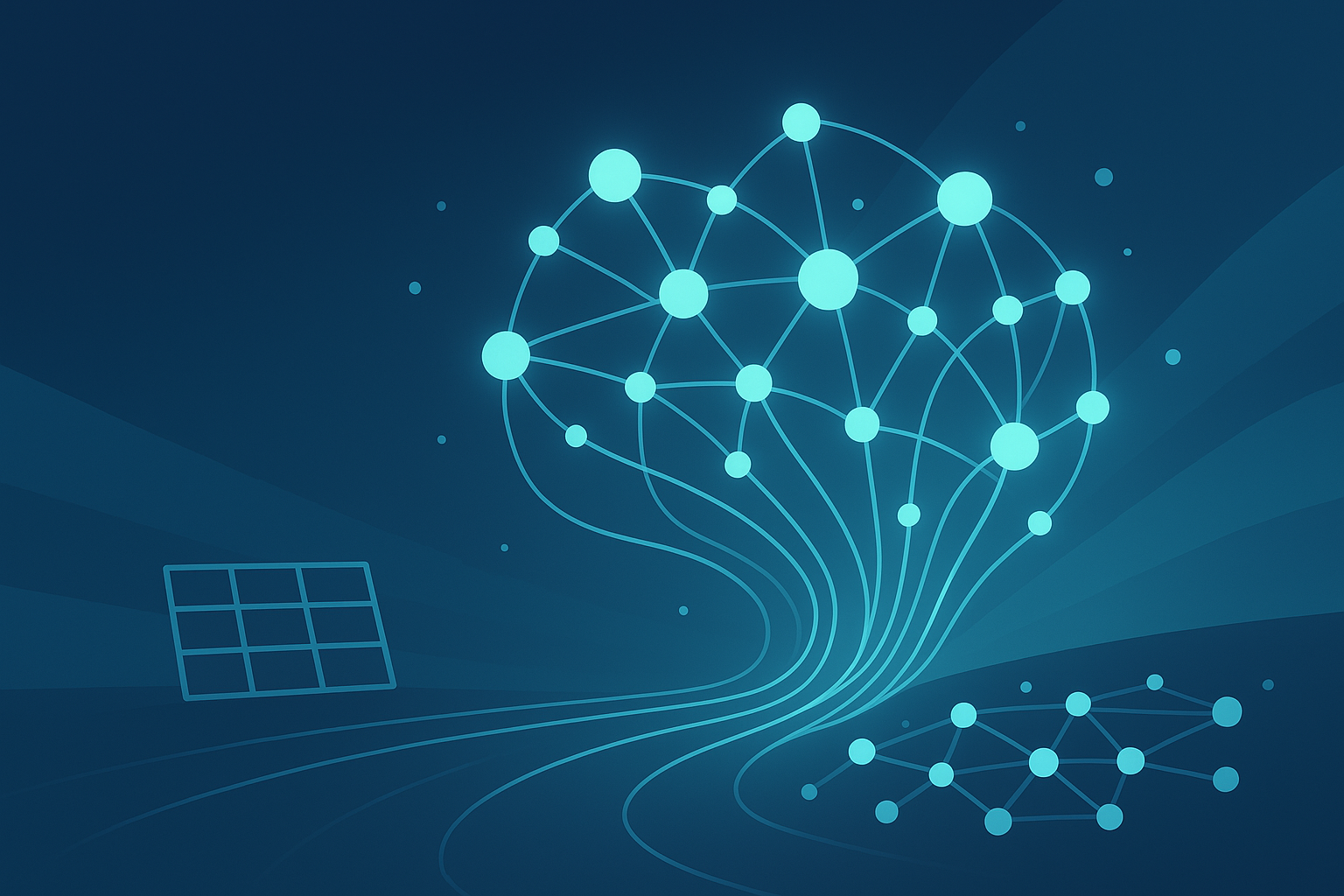 Digital network with glowing nodes, data streams, and contrasting manual and AI-driven connectivity.