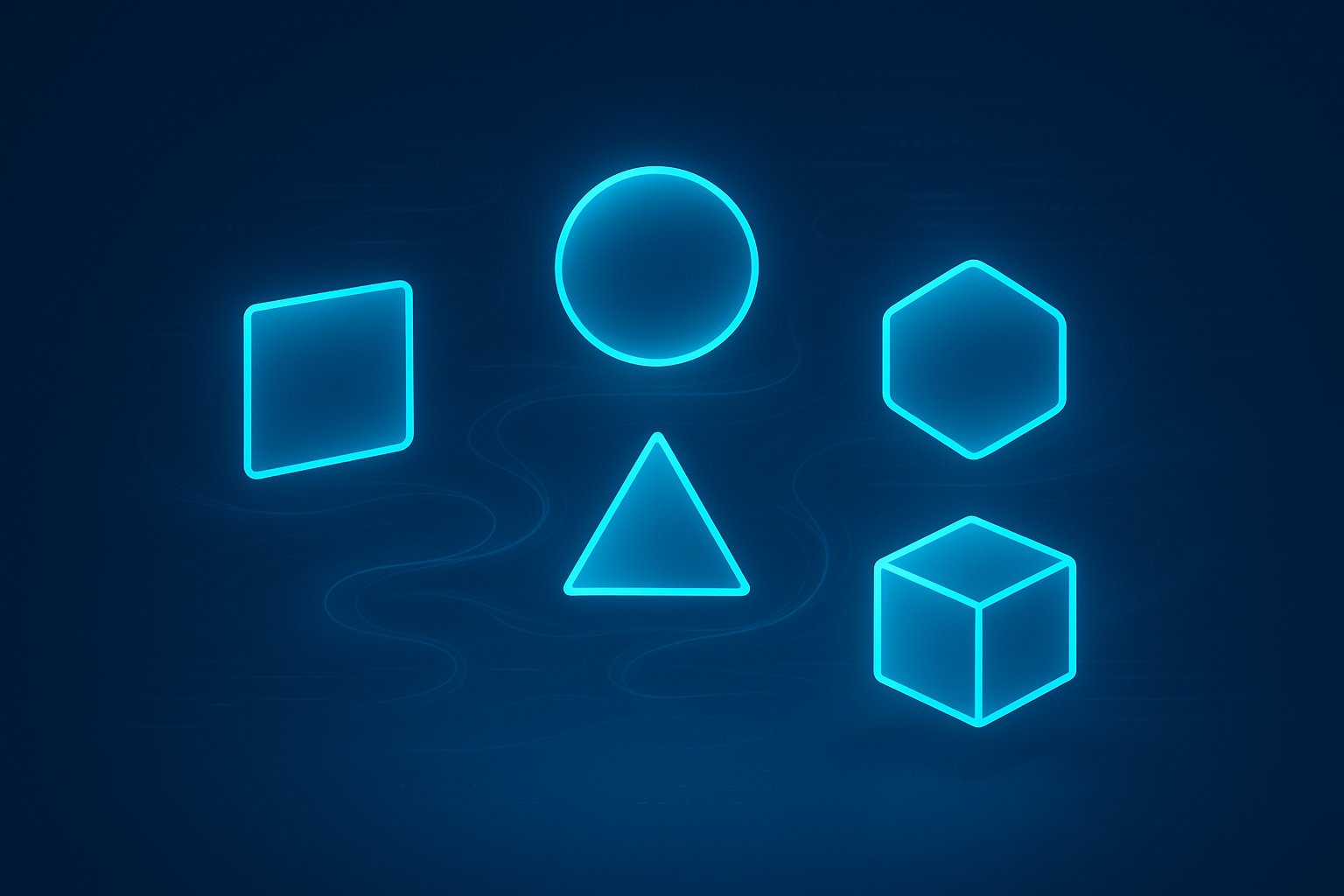 Five glowing, translucent geometric shapes connected by ethereal light on a dark tech background.