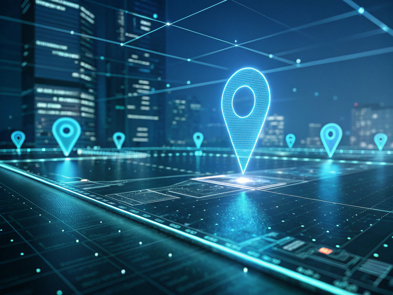 Flat digital illustration with geometric location markers, transparent data grids, and converging light beams.