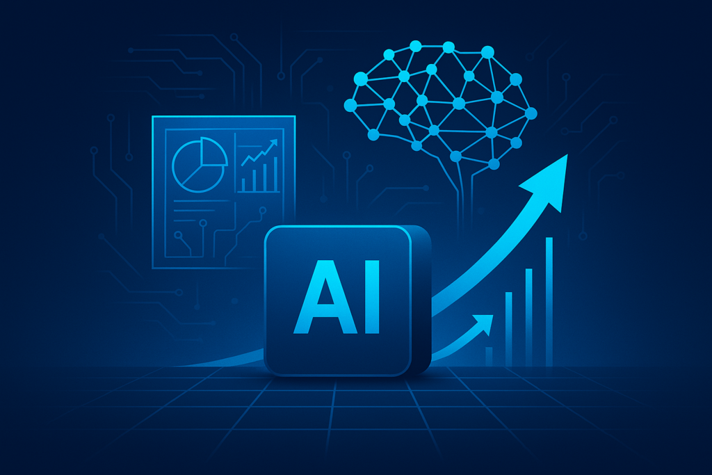 Flat illustration of abstract neural networks, data streams, and geometric blueprints on a dark digital grid.