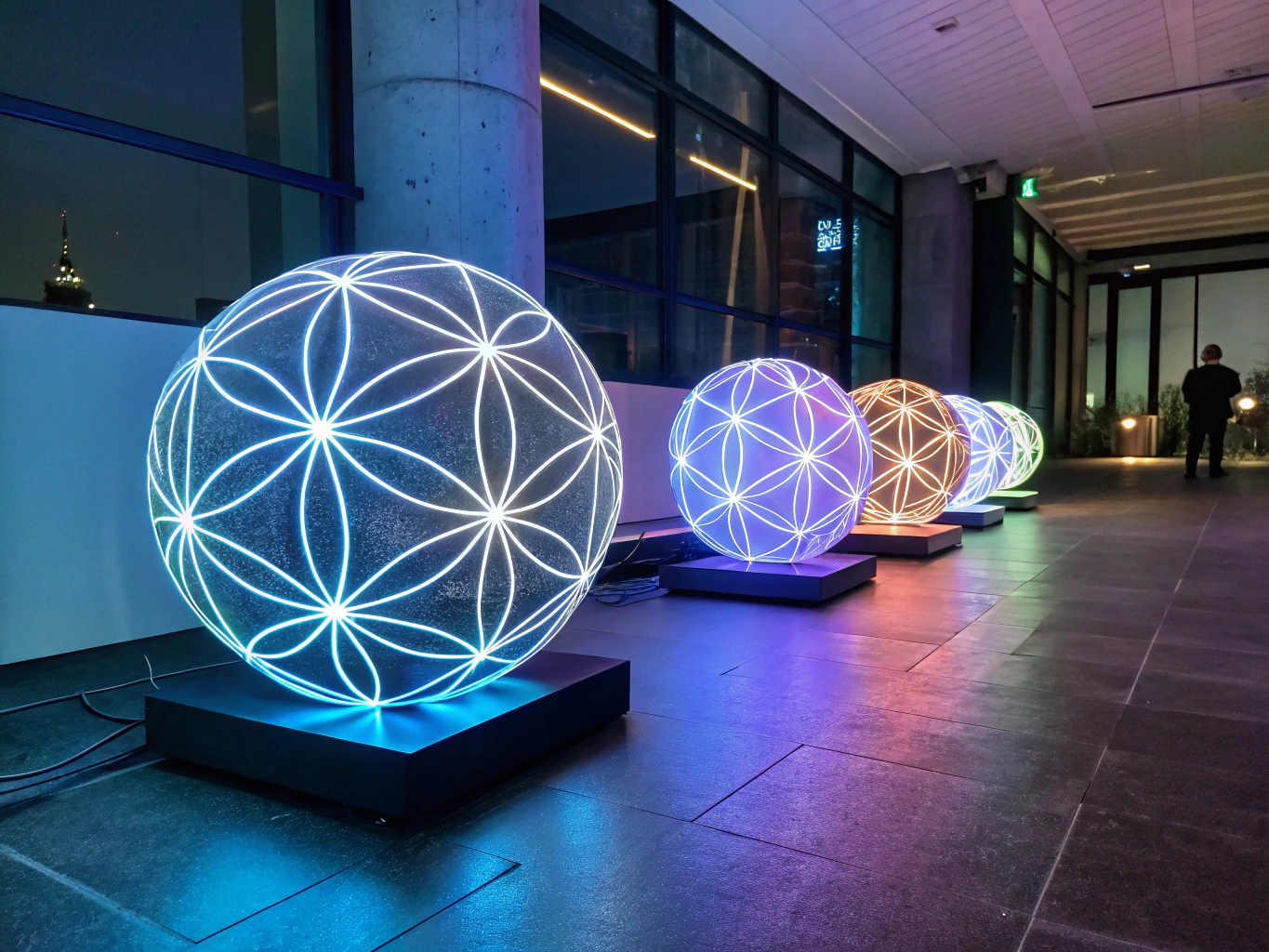 Flat illustration of five interconnected orbs representing journey phases with neon glow on dark blue background.