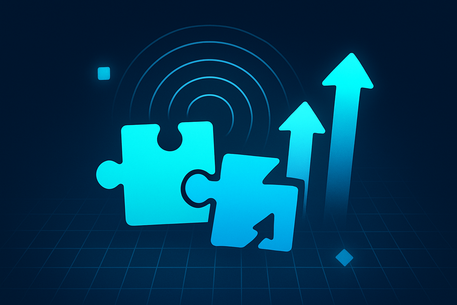 Flat illustration of geometric shapes with neon glow, symbolizing clarity, connections, and growth.