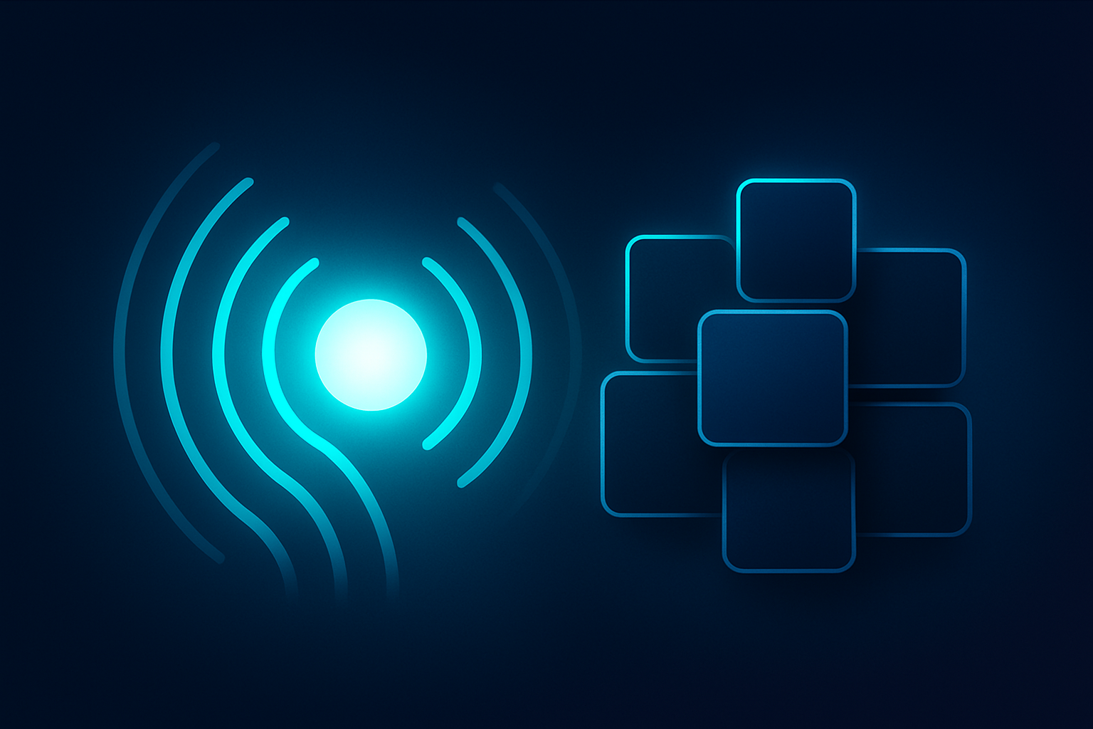 Flat illustration of glowing cyan waves emanating from a luminous core over dark geometric shapes.