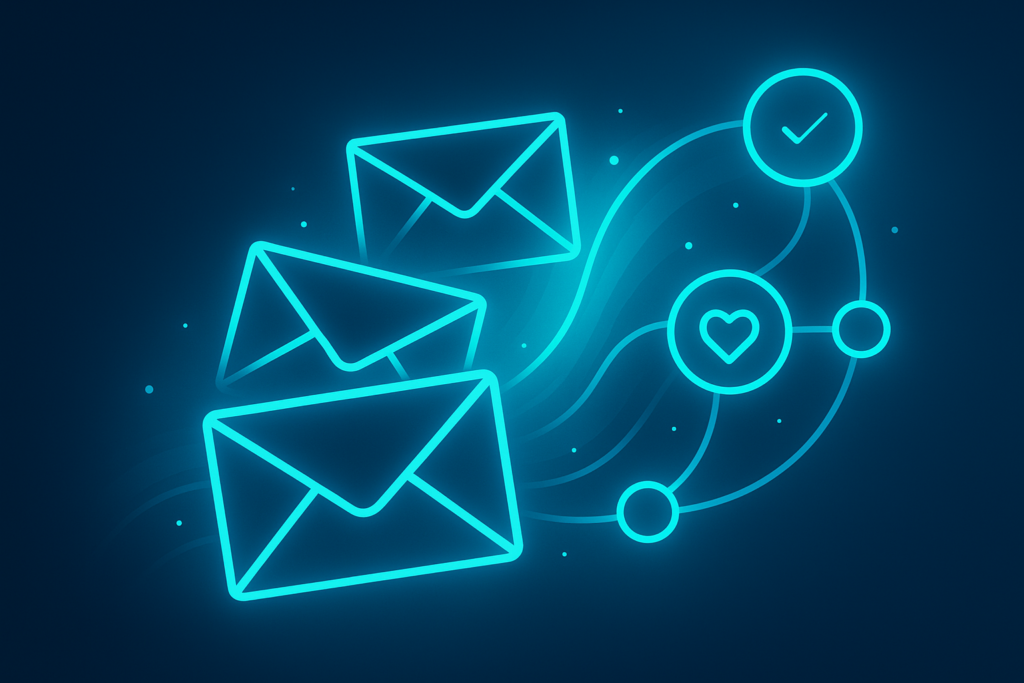Flat illustration of glowing digital envelopes flowing into interconnected luminous nodes on a dark blue gradient background.