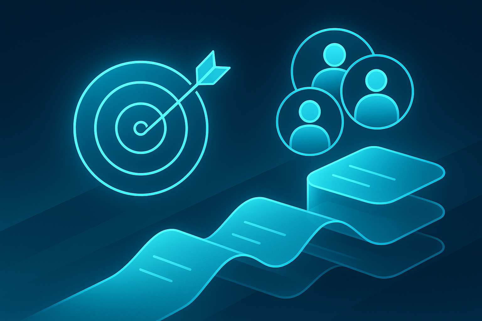Flat illustration of glowing targets, segmented rings, and layered timelines on a dark gradient background.