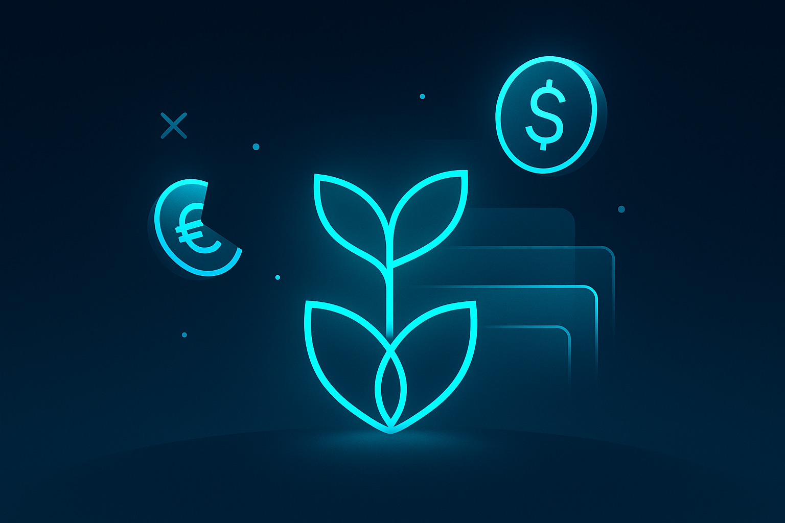 Flat illustration of growth symbols, currency fragments, and timelines on dark blue, cyan accents.