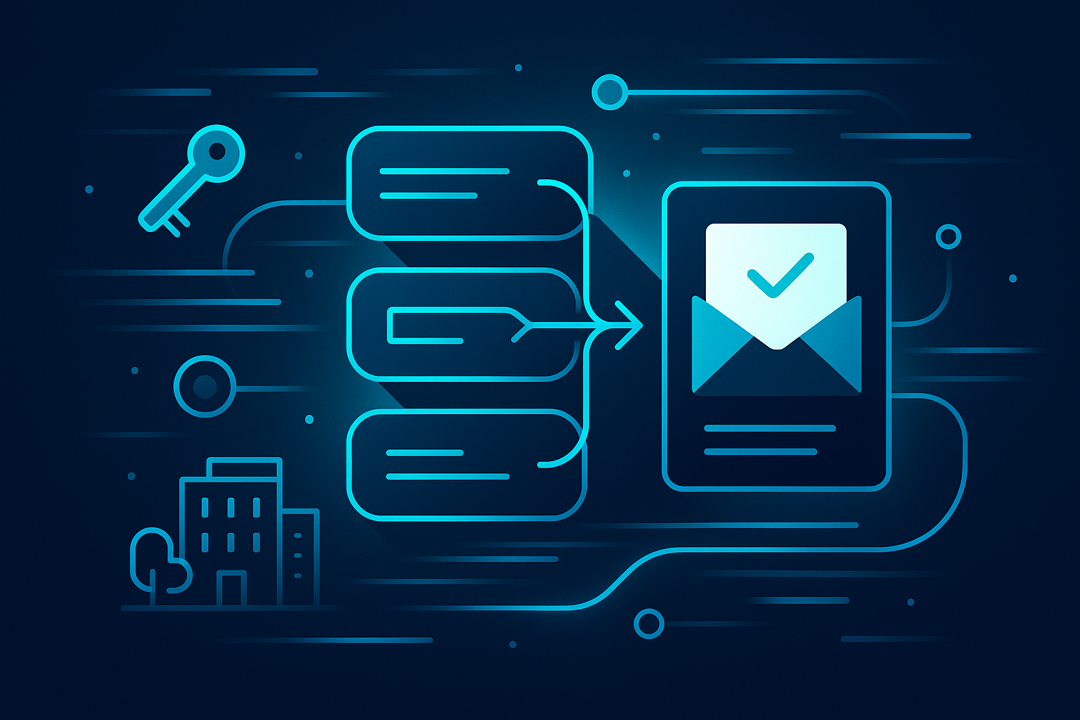 Flat illustration of interconnected geometric shapes, keys, and buildings with neon blue highlights.