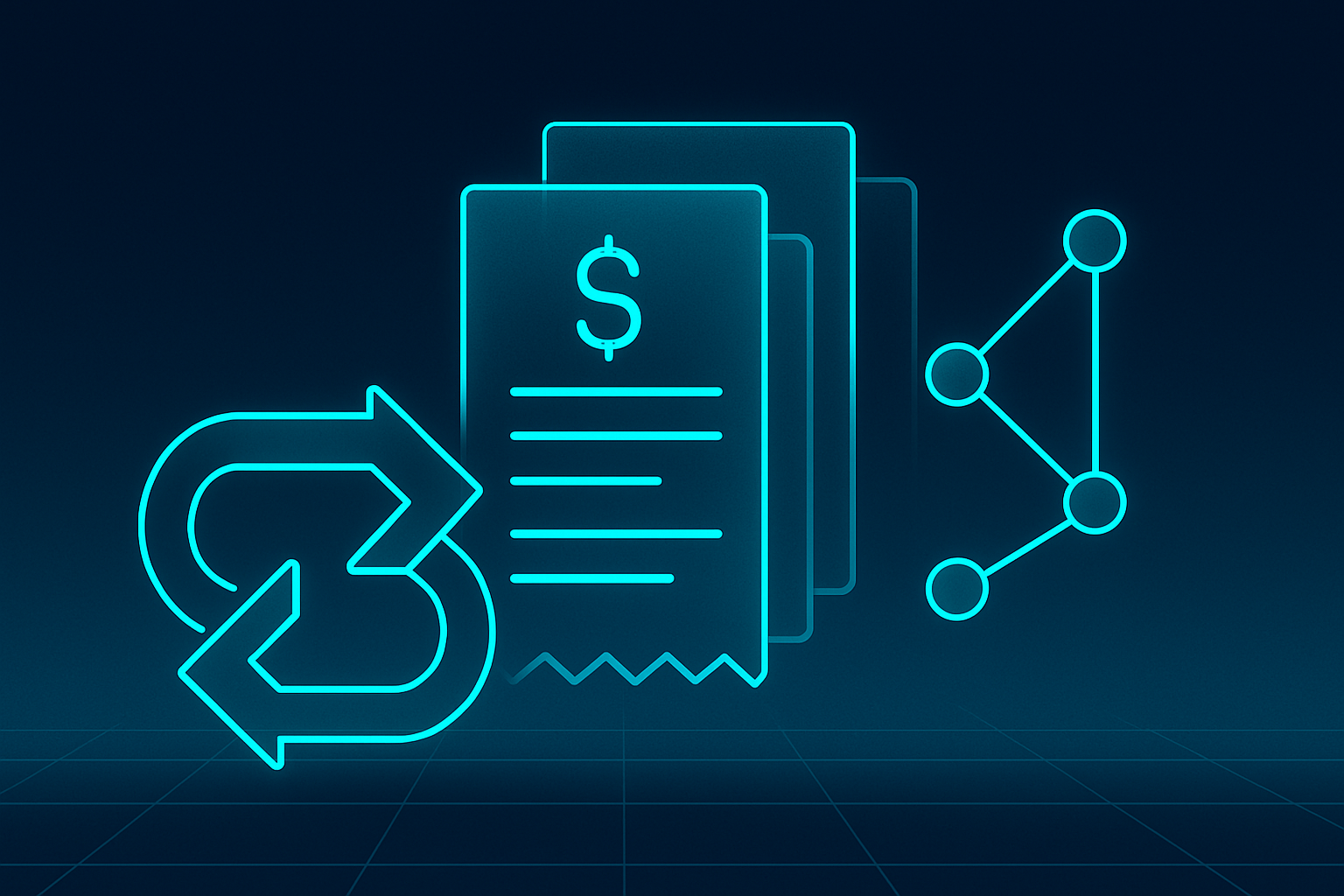Flat illustration of interconnected geometric shapes, digital receipts, and nodes on a dark gradient background with neon cyan glows.