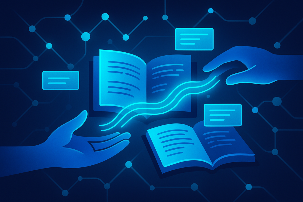 Flat illustration of interconnected glowing nodes, digital books, and hands exchanging luminous data.