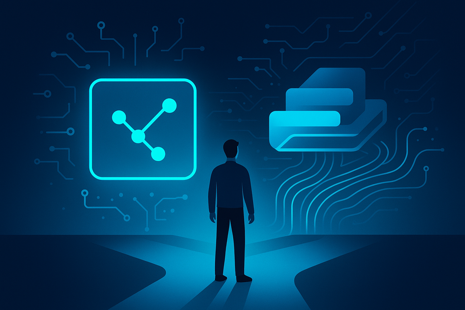 Flat illustration of interconnected glowing nodes, circuit patterns, and geometric data streams on dark blue background.
