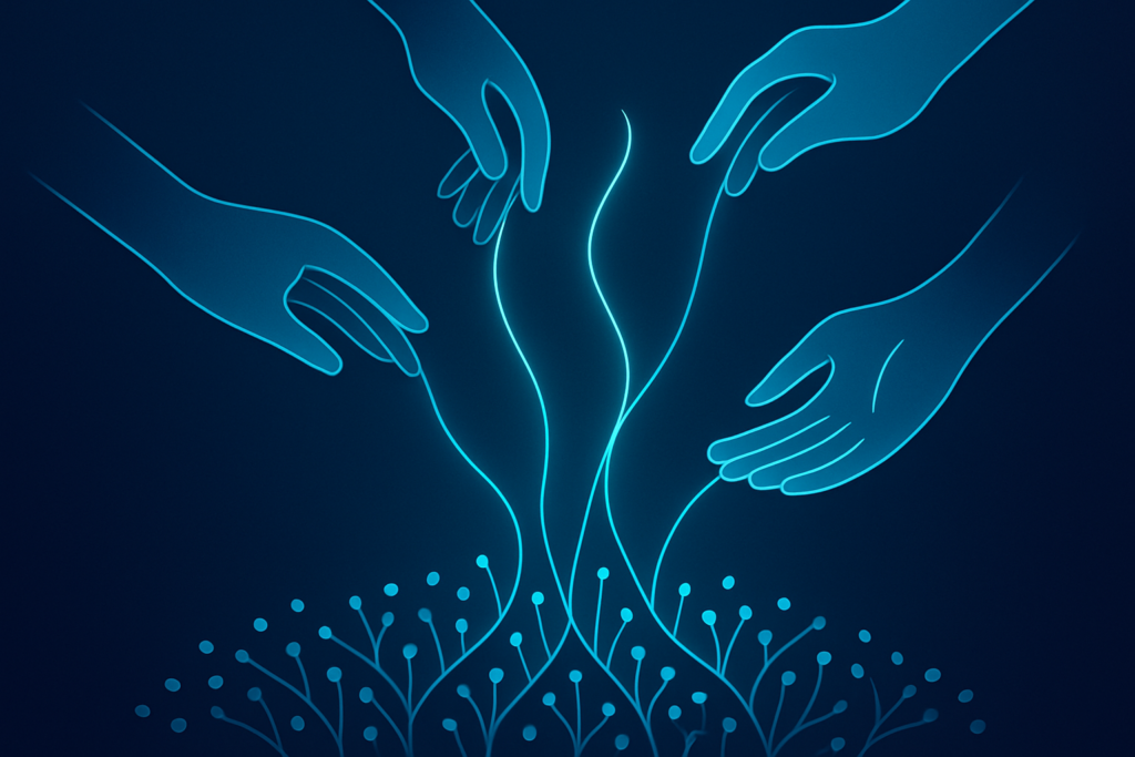 Flat illustration of interconnected hands and glowing threads over a network of seed-like nodes.