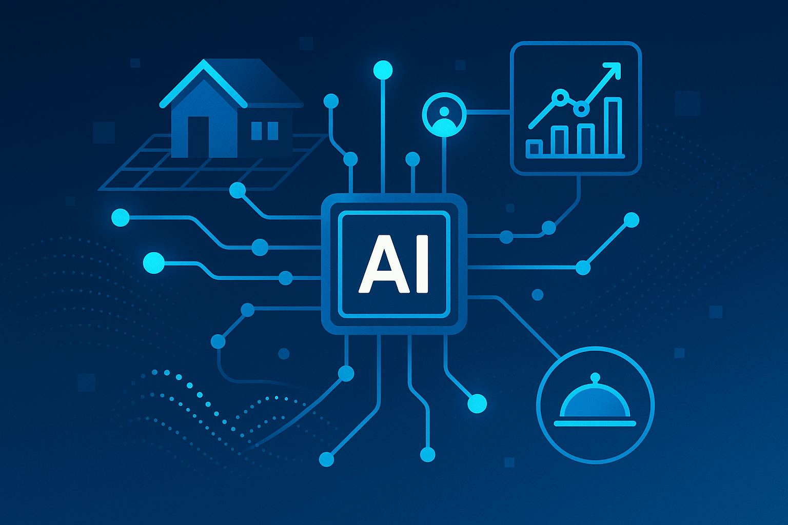 Flat illustration of interconnected nodes and data streams symbolizing AI automation and digital growth.
