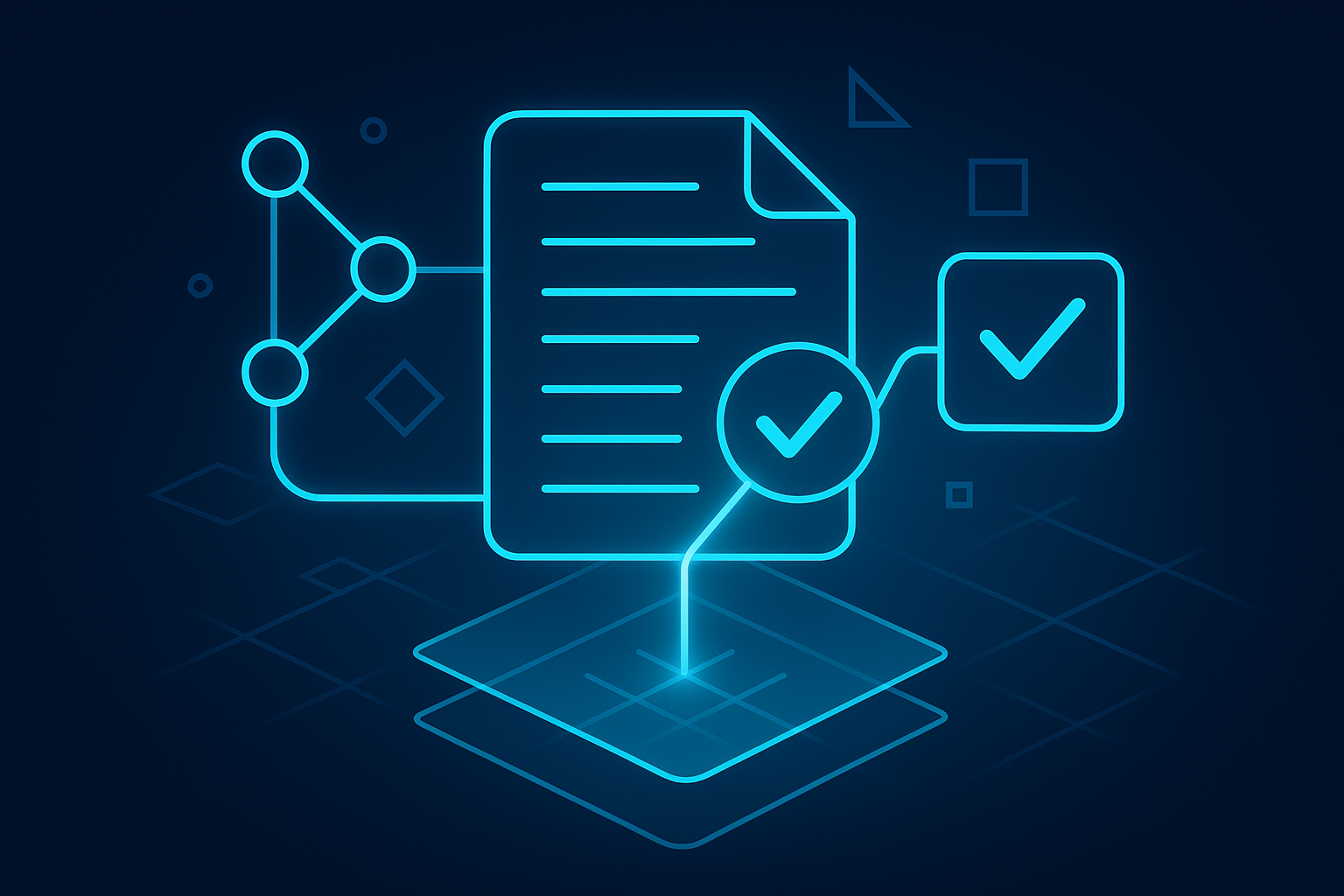 Flat illustration of interconnected nodes, glowing pathways, and layered grids symbolizing systematic evaluation and validation.