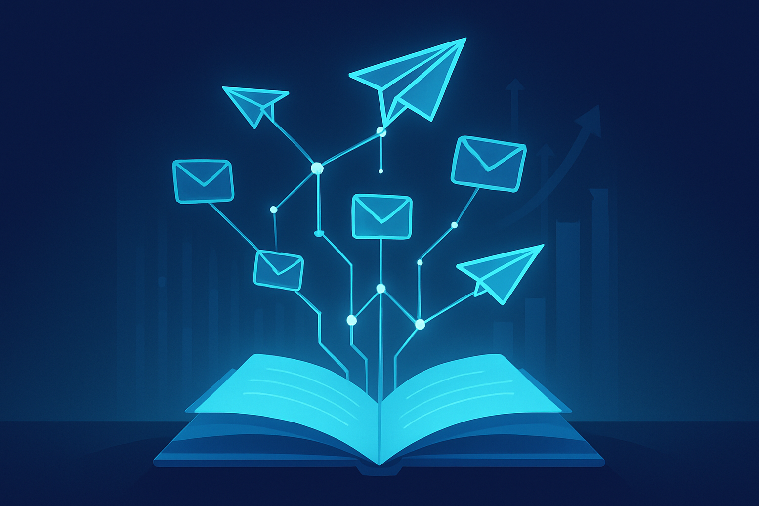 Flat illustration of interconnected paper planes and envelopes rising from a digital book with neon cyan highlights.