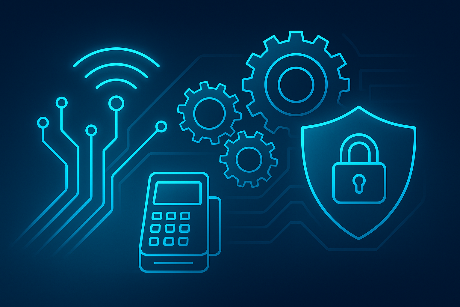 Flat illustration of networking circuits, gears, and locks on a dark blue background with cyan highlights.