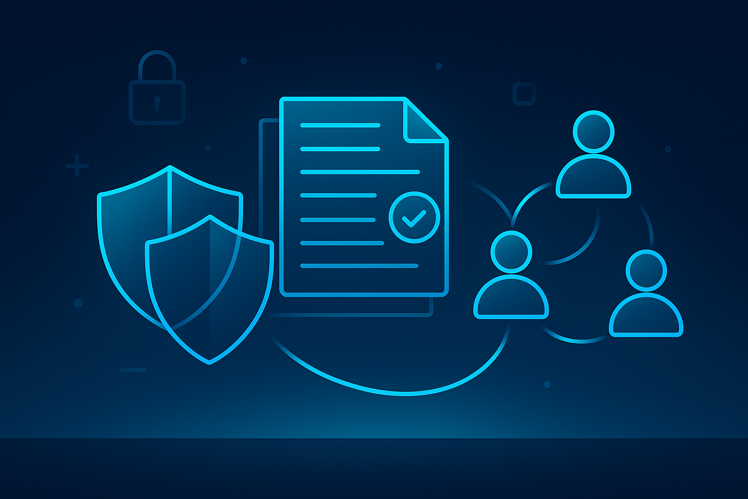 Flat illustration of trust symbols, documents, and diverse figures connected by glowing lines on dark blue background.
