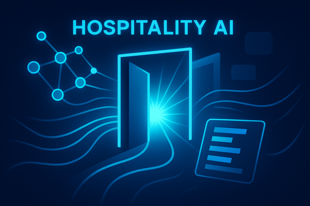 Flat tech illustration with glowing nodes, flowing lines, and open-door shapes in dark blue and cyan.