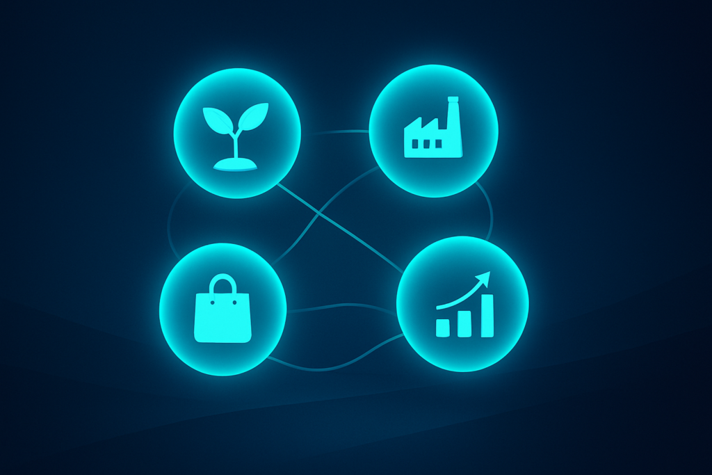 Four neon cyan glowing orbs connected by luminous lines over a dark blue tech background.