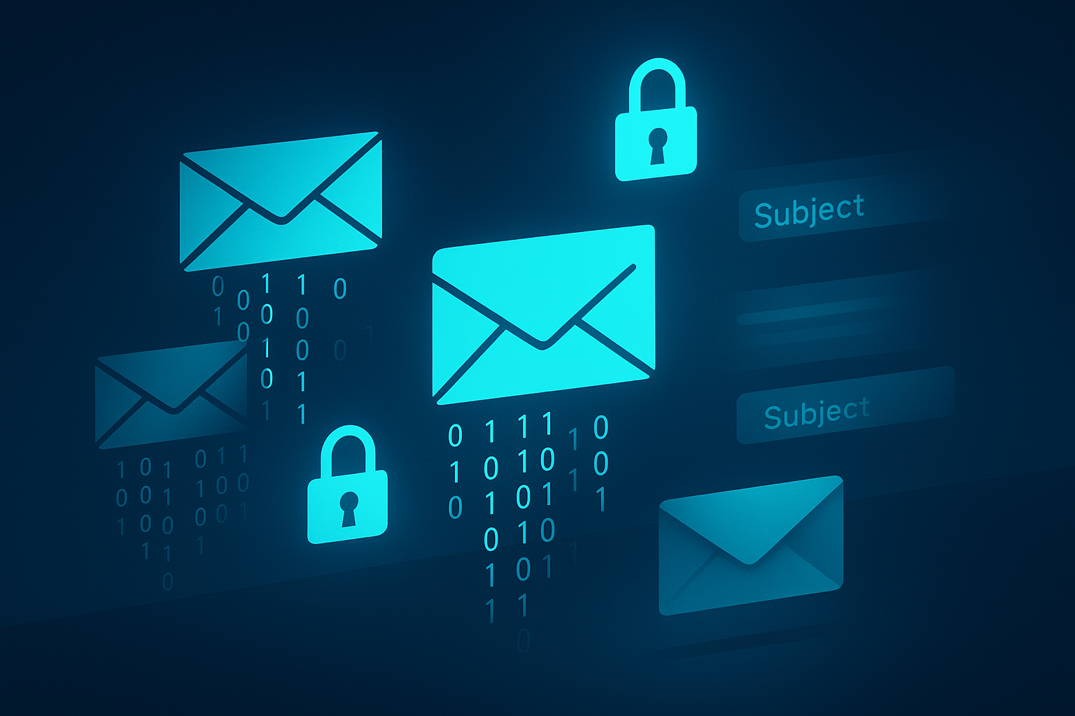 Futuristic digital communication scene with floating email fragments, padlocks, and subject lines in neon blue.
