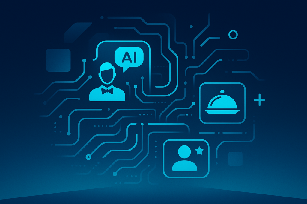 Futuristic digital concierge with interconnected circuits and icons representing hospitality AI services.