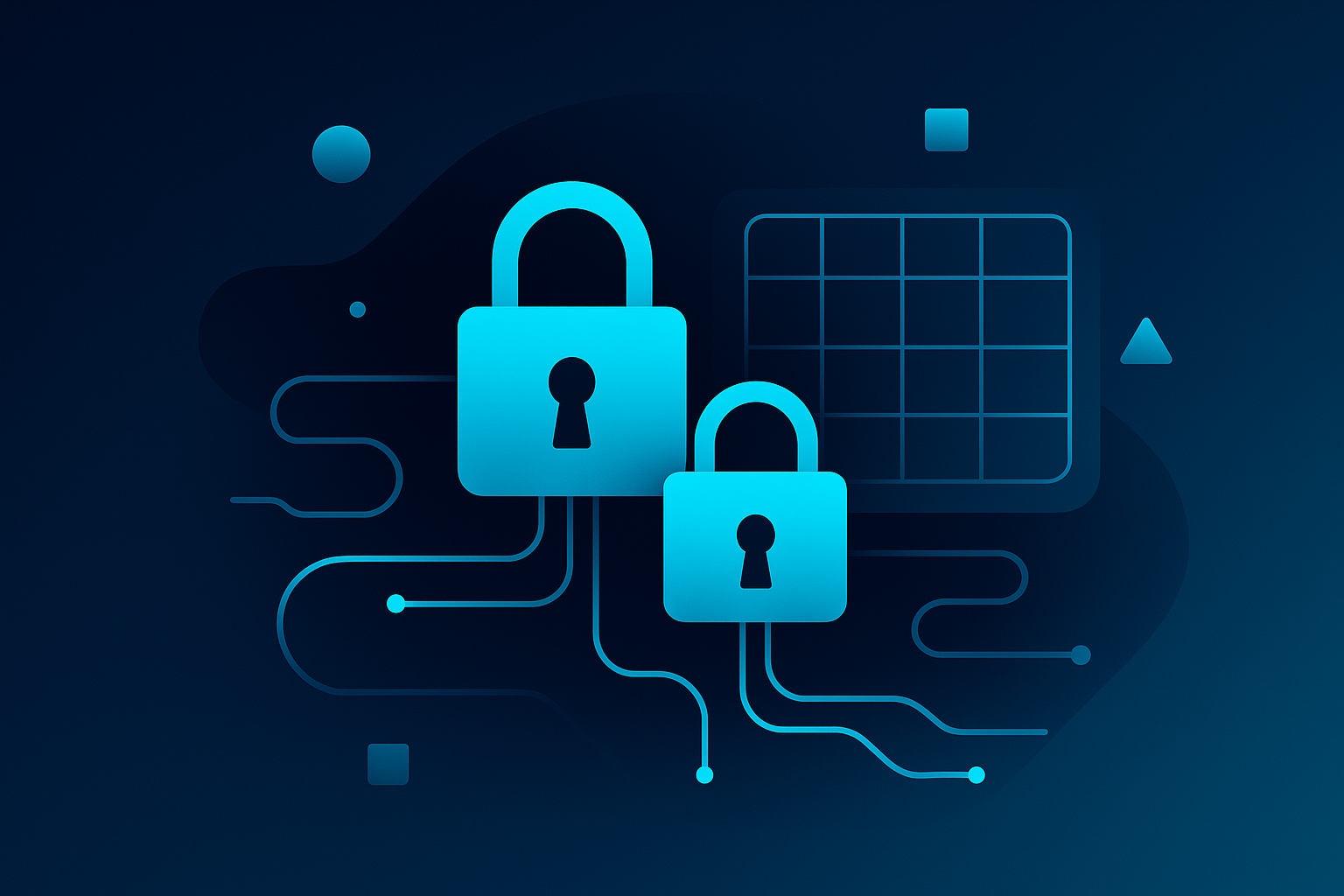 Futuristic digital ecosystem with interlocking locks, grids, circuit pathways, and geometric audit shapes.
