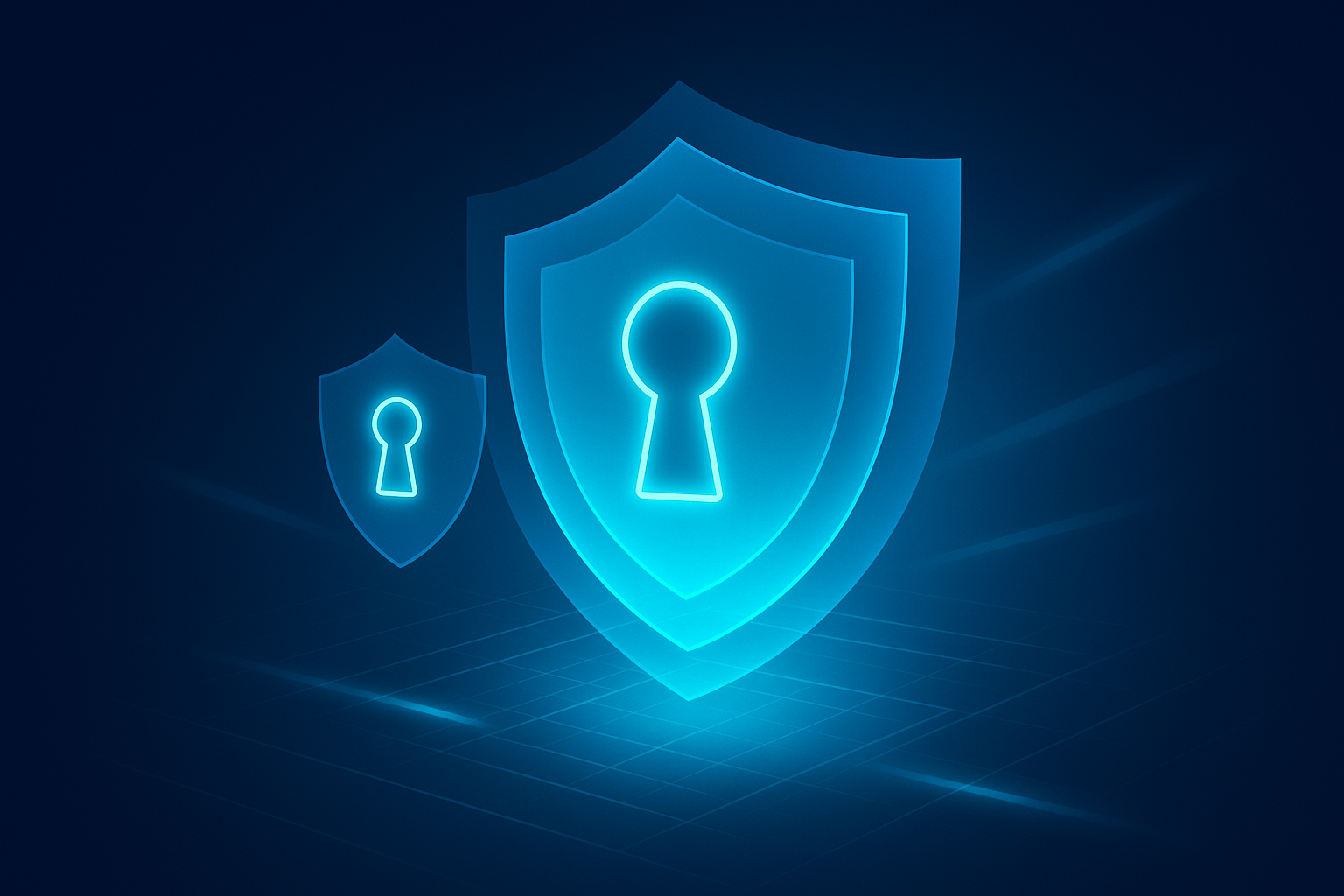 Futuristic digital gateway with glowing keyholes, shield shapes, holographic grid, and neon light beams.