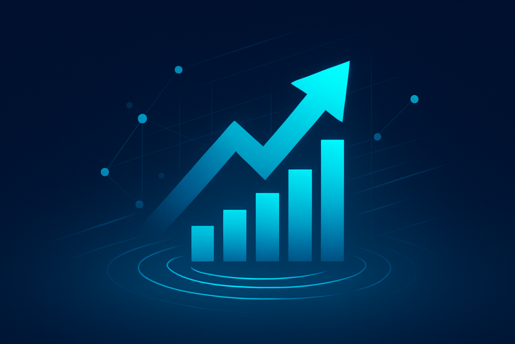 Futuristic digital illustration of growth symbols, network nodes, and data flow in dark blue and cyan tones.