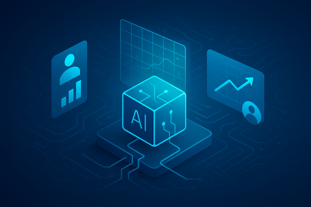 Futuristic digital illustration of interconnected shapes, holographic charts, and human silhouettes representing AI data flow and strategy.